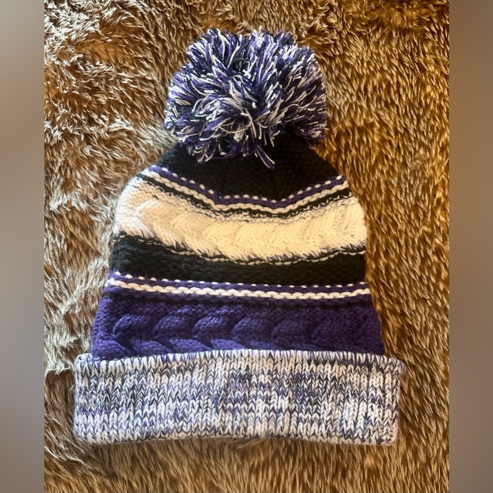 Purple, White and black Knit Striped Pom Beanie